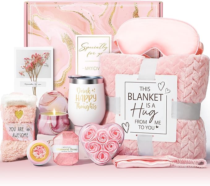 Mothers Day Birthday Gifts for Women Self Care Get Well Soon Gifts, Rose Relaxing Spa Gift Basket Thinking of You Care Package with Flannel Blanket, Unique Gift for Her Mom Wife Grandma Friend Sister