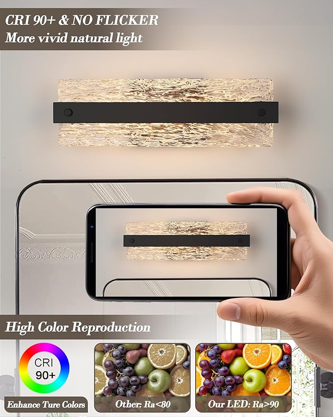 Modern Black Bathroom Vanity Light, 16.5 Inch 10W Dimmable LED Bathroom Light Fixture Over Mirror, Crystal Bar Wall Sconce Lighting for Bath, 3CCT, OS-MM5001-2BK