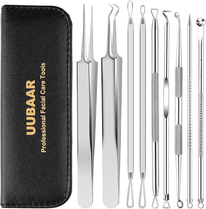 UUBAAR 9PCS Blackhead Remover Tools, Pimple Popper Tool Kit with 2 Tweezers, 304 Stainless Steel Comedone Extractor, 16 Precision Heads Face Nose Acne Zit Removal, Home Esthetician Use & Leather Case