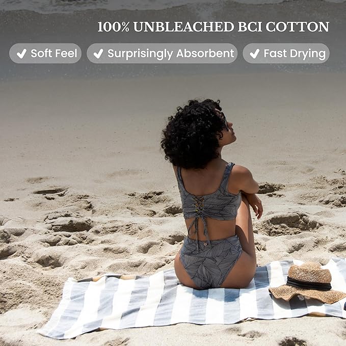 Lightweight Turkish Beach Towel - 100% BCI Cotton, Unbleached Raw Fringe, Oeko-TEX Certified, Absorbent, Eco-Friendly, 36x66”, Black & Natural Stripes, Portable Sarong Blanket for Pool, Travel