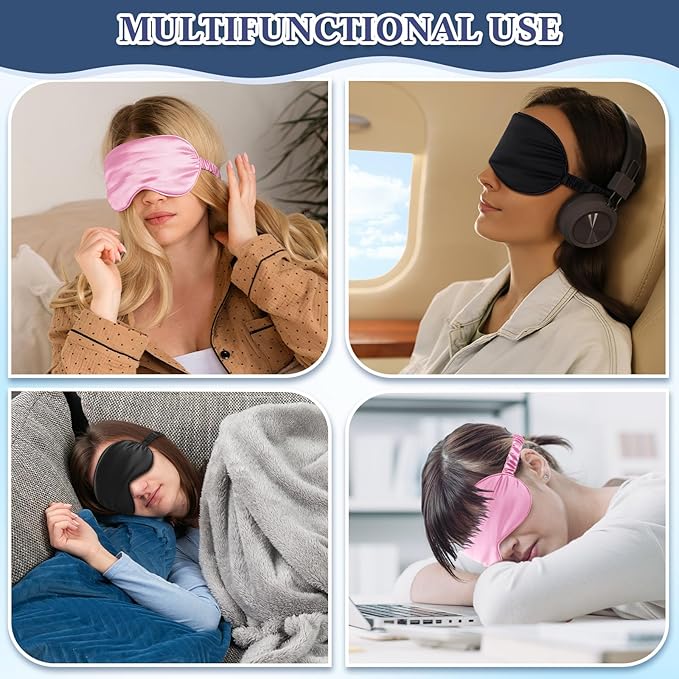 Cutecrop 12 Pcs Silk Sleep Masks Soft Satin Eye Masks with Adjustable Elastic Strap for Sleeping Comfortable Blindfold Eyeshade for Men Women Nap Night Travel Gifts(Black, Pink)