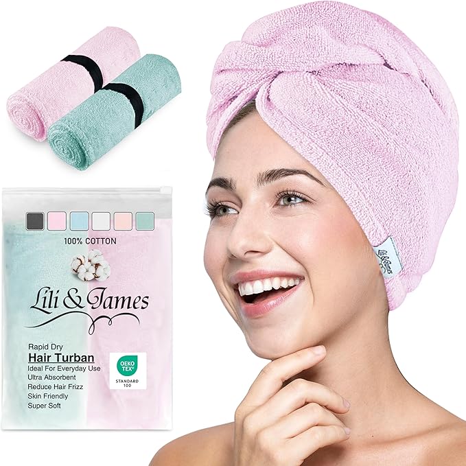 Cotton Hair Towel Wrap for Women/Kids | Quick Dry, Soft & Absorbent 420-GSM Hair Wrap Towels with Double Button | Anti Frizz, Non Microfiber Hair Turbans for Curly, Long & Thick Hair (Lilac+Aqua)