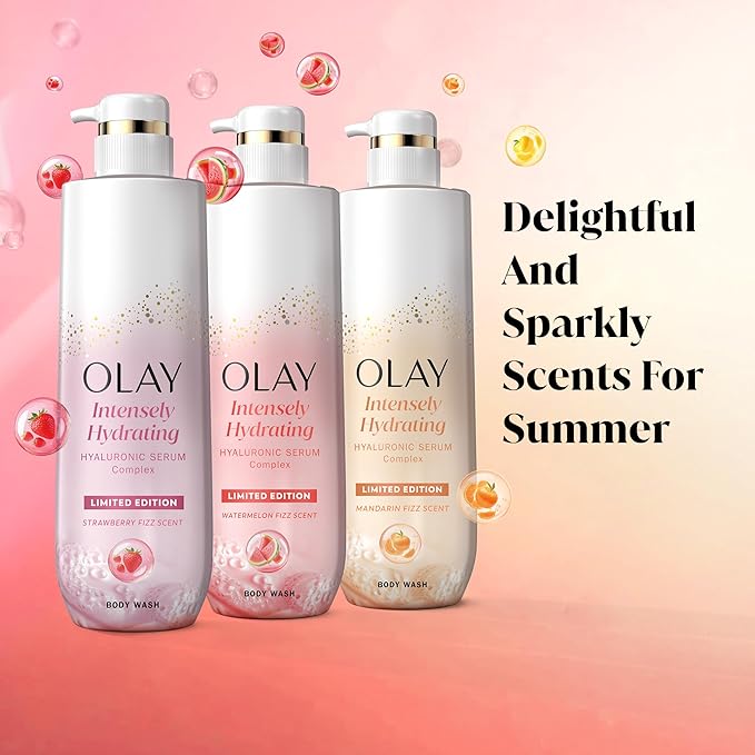 Olay Body Wash for Women, Intensely Hydrating, Pro-Hyaluronic Acid Serum Complex, Renews Moisture, Vitamin B3 Lameller Technology, For All Skin Types, Watermelon Summer Fizz Scent, 20 fl oz