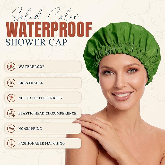 Reusable Shower Cap for Women, Large Waterproof Shower Bonnet with Elastic Band, Washable Bath Hair Cap for Long, Curly Hair, Braids, Daily Shower, Home Spa, Travel(Sage)