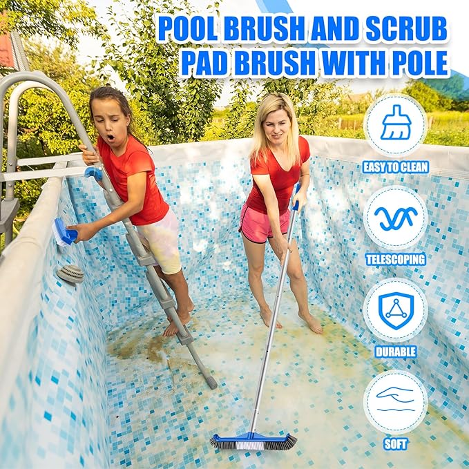 Tioncy 4 Pcs Pool Brushes Kit with 47" Pole Adjustable, 17.5" Pool Brush Head, Hand Scrub Brush & Scouring Sponge Pads with Aluminum Pole for Spa Hot Tub Bathroom Kitchen Home Tiles Walls Floors