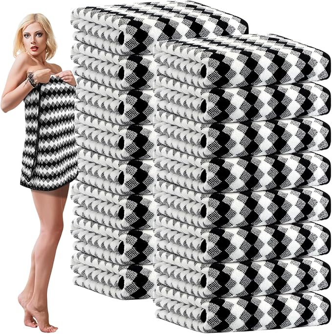 SmoothNovelty 16 Pack Microfiber Bath Towels Bulk 27'' x 60'' Oversized Size Bath Towel Highly Absorbent Extra Large Soft Drying for Beach Shower Summer Salon Sport Gym Party (Grid,Black)