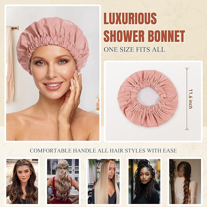 Reusable Shower Cap for Women, Large Waterproof Shower Bonnet with Elastic Band, Washable Bath Hair Cap for Long, Curly Hair, Braids, Daily Shower, Home Spa, Travel(Blush Pink)