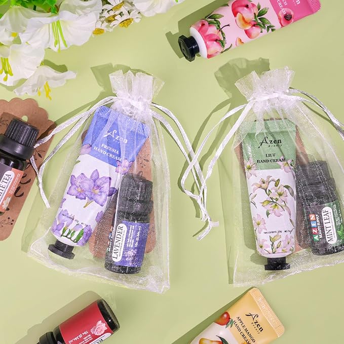 AZEN 30 Sets Bulk Gifts, Hand Cream and Essential Oils Bulk Set with Organza Bag Thank You Card, Baby Shower Wedding Gift for Guests, Bridal Wedding Favors, Mothers Day Gifts Stocking Stuffers