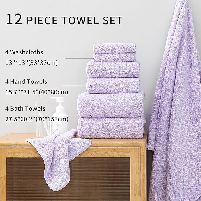 Ultra Soft Bath Towel Set,12 Piece (4 Bath Towels,4 Hand Towels,4 Washcloths) Family Bathroom Towels Set with Hanging Loop,Quick Dry Extra Absorbent Shower Towel for Bathroom,Hotel,Spa-Light Purple