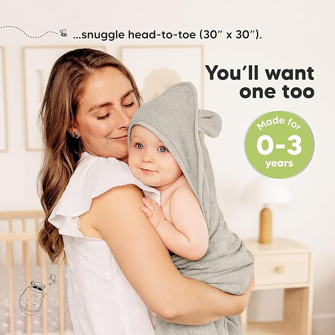 KeaBabies 2-Pack Hooded Baby Towels for Newborn - 30x30 Soft & Absorbent Viscose from Bamboo Baby Bath Towels with Hood for Infant, Toddler,Kids,Boys Girls,Newborn Bath Essentials (Steel, Petite)