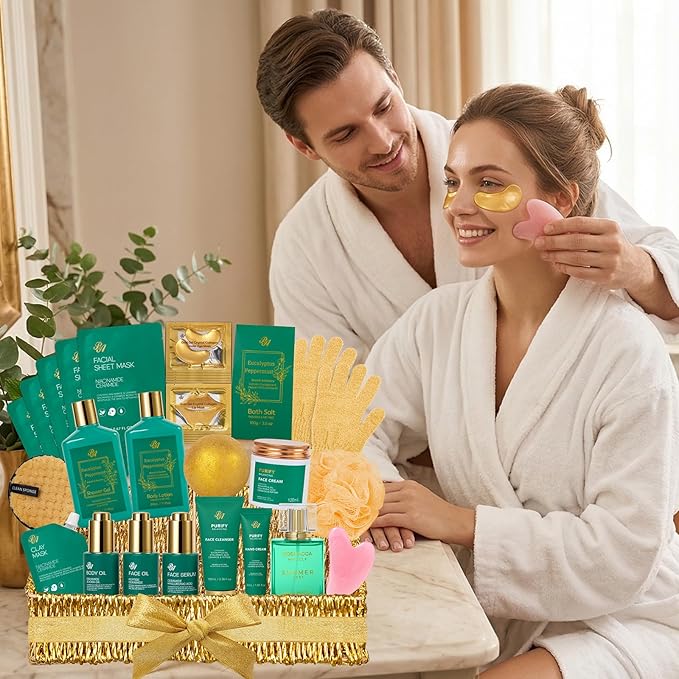 Eucalyptus 32 Pcs Mothers Day Gifts for Mom, Bath & Body Gift Basket for Women & Men, Hydrating Face Skin Care Kit, Self-Care Home Spa Basket Gift Set, Birthday, Christmas, Anniversary