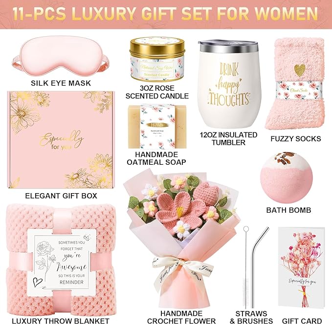 Birthday Gifts for Women, Gift Baskets for Women Self Care Spa Set, Get Well Care Package Inspirational Relaxation Mothers Day Gifts with Crochet Flower Bouquet for Mom Friend Sister
