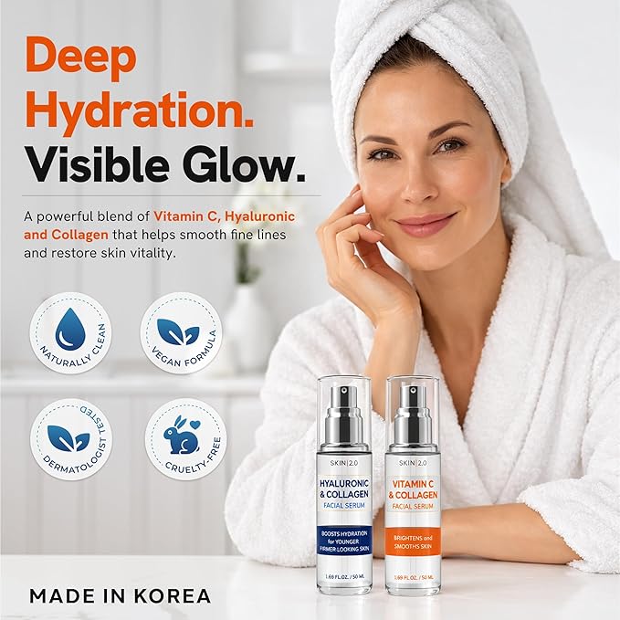 Skin 2.0 Hyaluronic & Collagen + Vitamin C Face Serum – Dermatologist Tested, Anti Aging, Korean Skin Care – Deep Hydration, Smooths Fine Lines – Vegan, Clean Beauty - Pack of 2