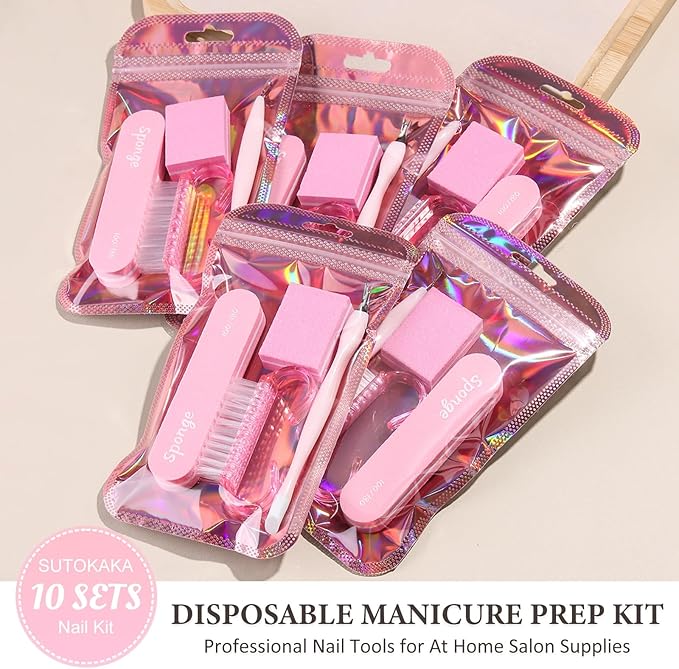 SUTOKAKA 10 Sets Disposable Manicure Prep Kit for Travel Home Salon, Individually-Packed 4 in 1 Pedicure Kit, 100/180 Grit Nail File, Mini Buffer, Cuticle Trimmer Pusher & Handle Grip Brush