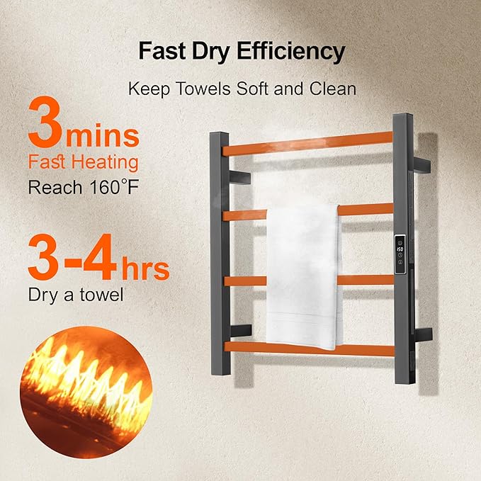 Electric Heated Towel Warmer - Wall Mounted Bathroom Towel Rack, Plug-in Design & Brushed Stainless Steel Finish Gunmetal with Timer & Temperature Control 4 Bar
