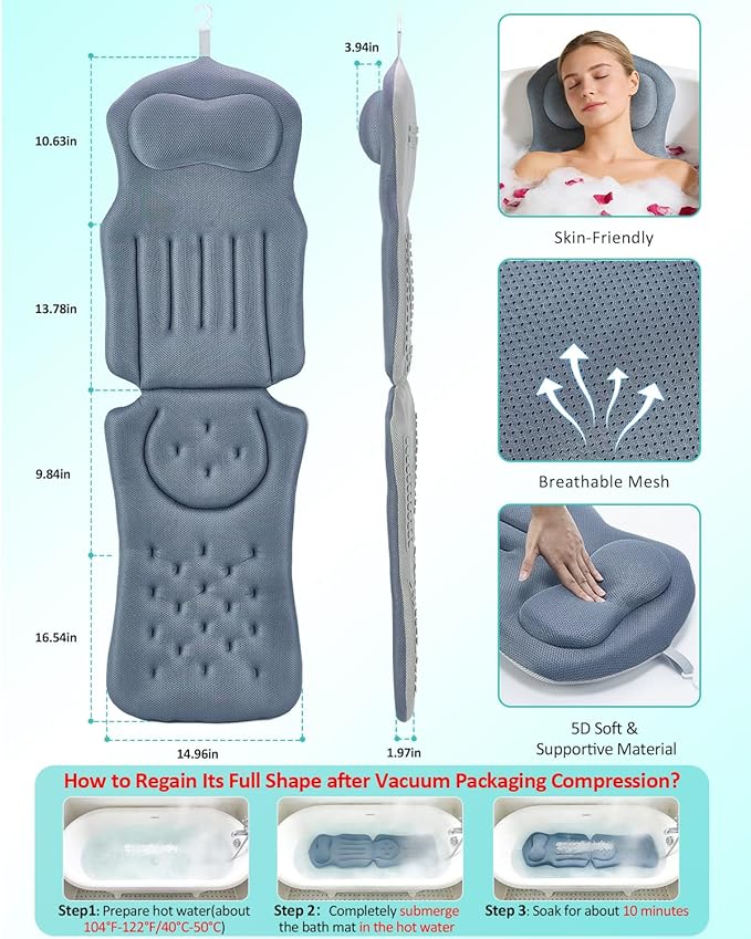 Full Body Bath Pillow for Bathtub, 5D Thick Tub Pillow for Bathtub with 192 Non-Slip Suction Cups, Laundry Bag & Hook, Bathtub Pillow for Head, Neck & Back Support (Misty Blue, 51"*15")