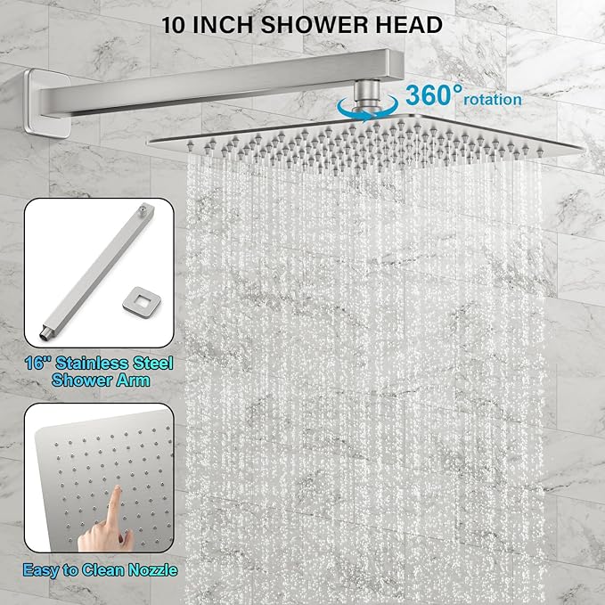 FPXRNG Shower Faucet Set Bathroom Square Rain Shower Head and Handle Set, Wall Mounted Shower Fixtures, Full Metal Trim Repair Kit 10 inch Brushed Nickel (With Shower Valve)