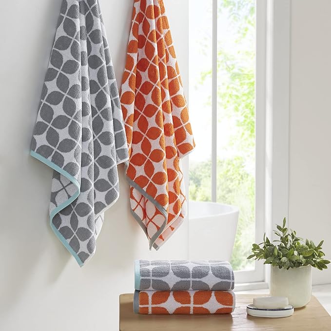 Intelligent Design Lita Cotton Bathroom Towels , Jacquard Highly Absorbent Bath Towel Set , 6-Piece Include 2 Bath Towels & 4 Hand Towels , Orange Grey