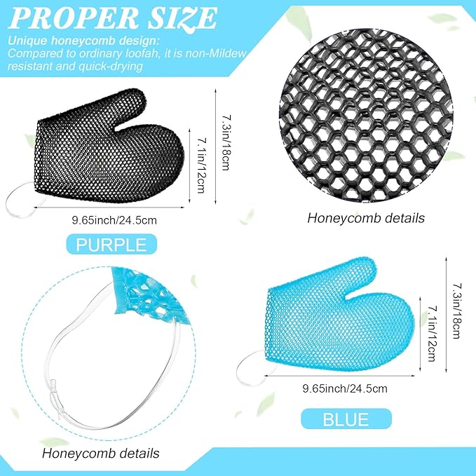 Karenhi 2 Pcs Honeycomb Exfoliating Glove Bath Mitt Body Spa Scrubber, Honeycomb Exfoliator Glove for Body Shower, Scrubber Sponge Shower Loofah, Quick Drying(Blue,Black)