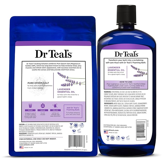 Dr. Teal's Epsom Salt Soaking Solution and Foaming Bath with Pure Epsom Salt Combo Pack, Lavender