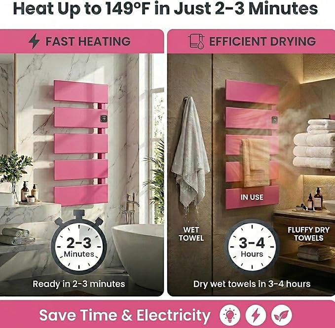 Electric Towel Warmer, Heated Towel Rack with Thermo Control and Timer, Fast Heating Towel Rail for Bathroom with Memroy Function, Work with Smart Plug, Right-Wiring, 5 Panel, Pink