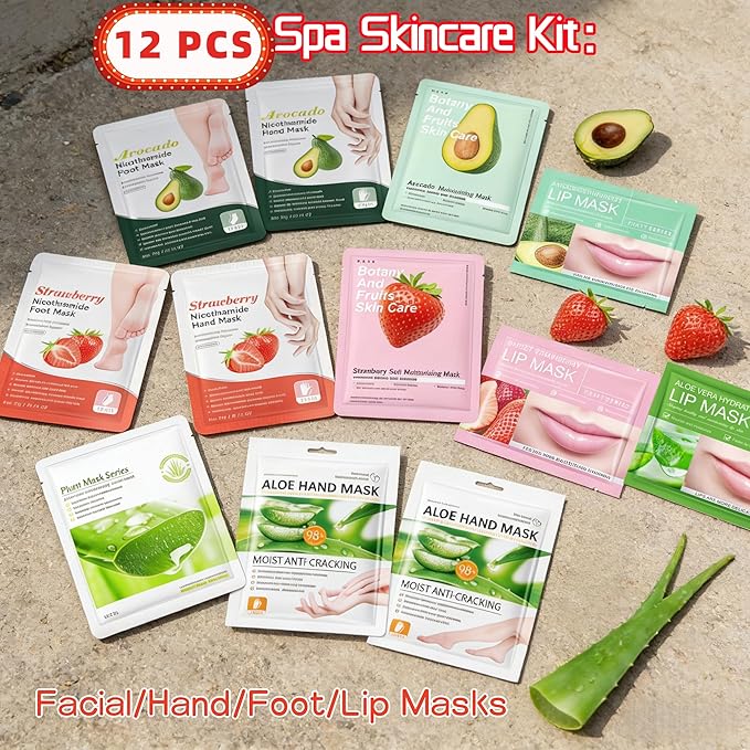 12PC Natural At-Home Spa Skincare Kit | Strawberry Aloe Vera Avocado Face Hand Foot Lip Mask Set | Hydrating Nourishing for Dry/Dehydrated Skin | Gentle Daily Care & Holiday Gift Favors for Women