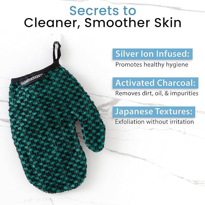 Japanese Exfoliating Mitt 2-Pack - Charcoal & Silver Ion Exfoliating Gloves for Shower - Soft Inner Fabric Gentle Exfoliation & Deep Cleansing Body Scrub Gloves for All Skin Types - 1 Blue, 1 Green