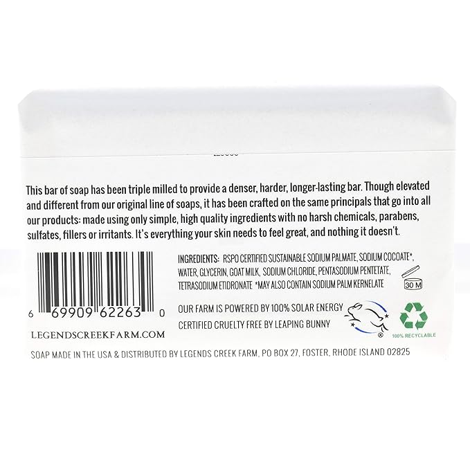 Legend's Creek Farm Goat Milk Soap - Triple Milled Cleansing Moisturizing Bar for Hands and Body - 9 Oz Creamy Lather, Nourishing, Natural Soap for Sensitive Skin (Unscented, Pack of 1)