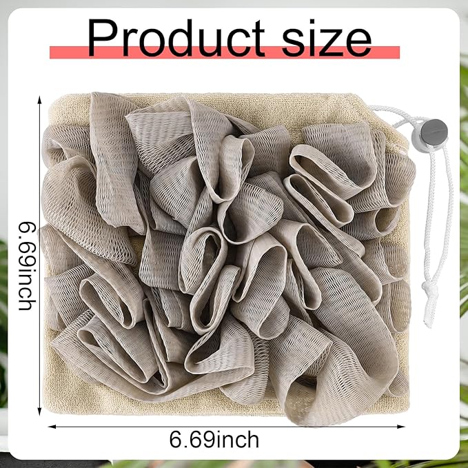 3 Pcs Washcloth Loofah Combo, 2 in 1 Bath Loofah Sponge with Drawstring, Exfoliation Mesh Shower Puff Ball for Body Wash Cleansing and Smooth Skin (Grey Coffee Pink)