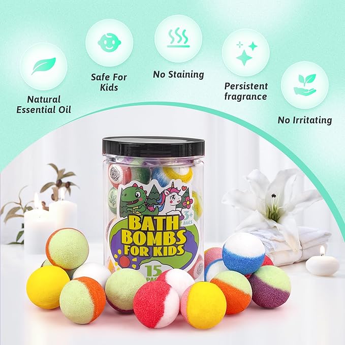 Bath Bombs for Kids with Surprise Inside, 15-Piece Surprise Bath Bombs for Kids, Jar Gift Set with Hidden Toys, Natural Organic Fizzies for Girls and Boys