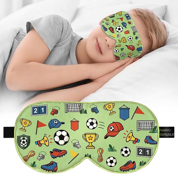 Kids Silk Sleep Mask – 100% Mulberry Silk Eye Cover, Kid Eye Mask with Adjustable Strap, Soft & Breathable Blackout Sleeping Mask for Boys and Girls Ages 5-15 (Soccer Ball Print)