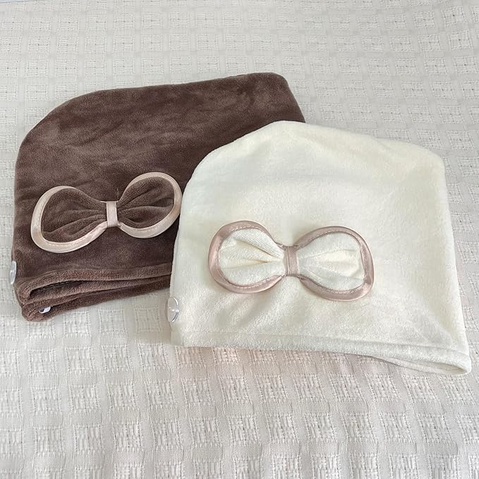 Jseng Microfiber Hair Towel Wrap for Women with Cute Bowtie, 2Packs Fast Drying Hair Towel Hair Turbans for Curly Long Wet Hair