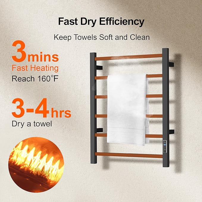 Electric Heated Towel Warmer - Wall Mounted Bathroom Towel Rack, Plug-in Design & Brushed Stainless Steel Black with Timer & Temperature Control 6 Bar