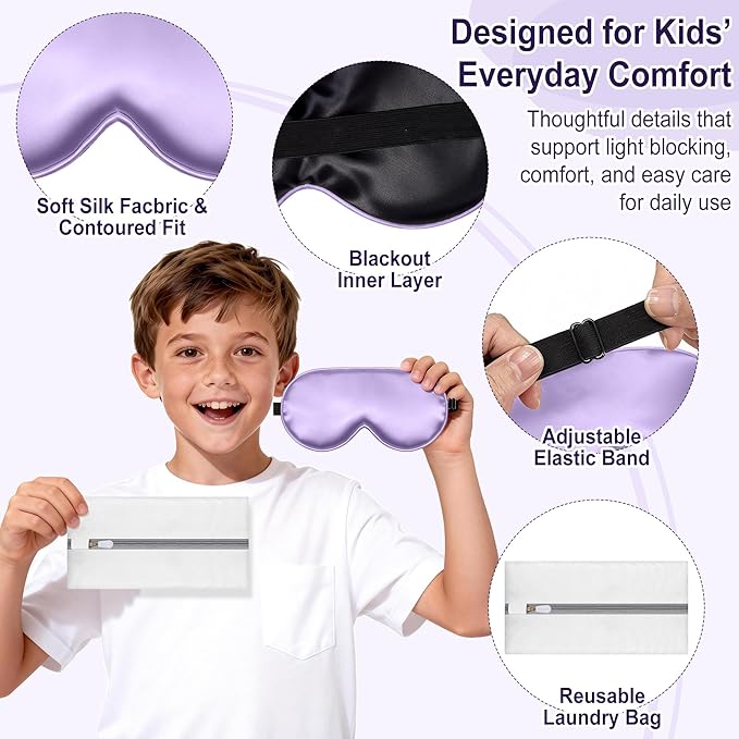 Kids Sleep Mask, Kids Eye Mask for Boys Girls, Kid Silk Eye Masks with Adjustable Strap for Sleeping, 100% Light-Blocking Sleep Eye Cover, Includes Protective Laundry Bag (Purple)