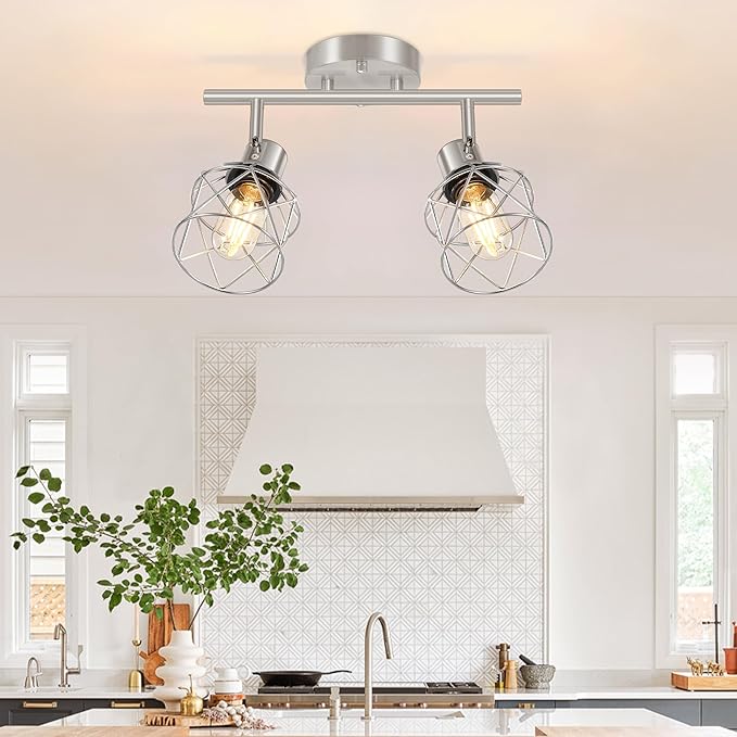 Baocuz 2-Light Brushed Nickel Semi Flush Mount Ceiling Light, Hallway Light Fixtures with Metal Wire Cage, Vintage Adjustable Track Spotlight Ceiling Fixtures for Dining Room, Farmhouse, Entryway