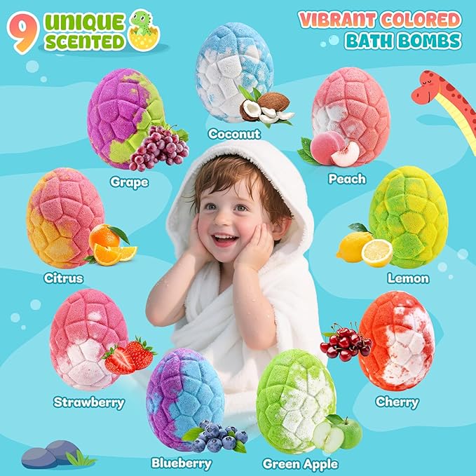 Dinosaur Bath Bombs for Kids with Surprise Inside, Mothers Day Gifts for Kids, 9 Pack Natural Organic Kid Bubble Bath Fizzy for Girls Boys with Bath Toys Inside