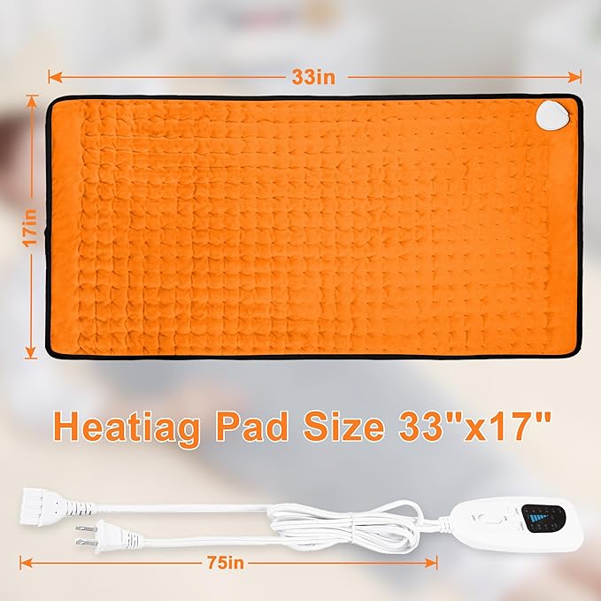 Deepsoon Heating Pad,Electric Heating Pads for Back,Neck,Moist Heating Pad for Abdomen Shoulder Knee Legs,Dry/Moist Heat&Auto Shut Off,Mother's Day Birthday for Men and Women,Orange Black,33x17 Inch