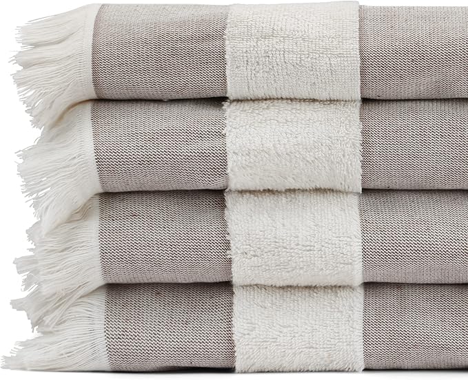 Lightweight Turkish Beach Towel - 100% BCI Cotton, Unbleached Raw Fringe, Oeko-TEX Certified, Absorbent, Eco-Friendly, 36x66”, Brown & Natural Stripes, Portable Sarong Blanket for Pool, Travel