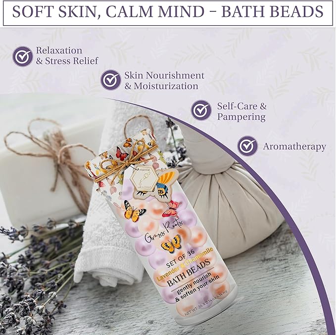 Grass Roots Bath Oil Beads Set of 36 - Lavender & Chamomile Scented Bath Beads - Essential Oil Soaked Pearls to Gently Nourish & Soften Skin - Luxurious Bath Experience