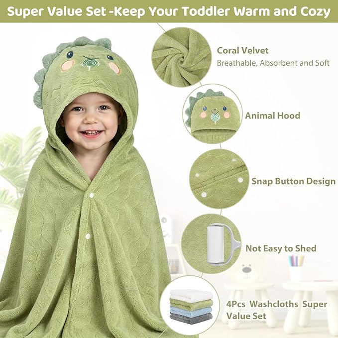 6 PCS Toddler Bath Towel Set for Boy Girl 0-5 Year, 2 PCS Thick Absorbent Hooded Baby Bath Towels Large 55" x 27.5" & 4 PCS Washcloths, Ultra Soft Gifts for Infant, Toddler, Kids, Dinosaur & Elephant
