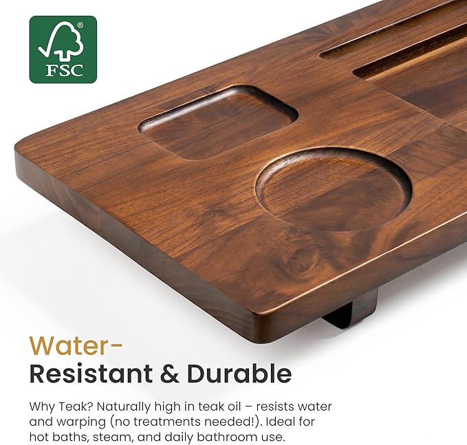 Luxury Teak Bathtub Caddy Tray - 35" Expandable Bath Bridge for Freestanding & Standard Tubs - Water-Resistant Solid Wood Spa Organizer with Wine Glass, Phone Holder & Non-Slip Grips