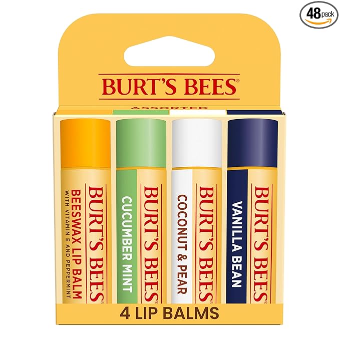 Burt's Bees 100% Natural Moisturizing Lip Balm, Multipack - Original Beeswax, Cucumber Mint, Coconut & Pear and Vanilla Bean with Beeswax & Fruit Extracts - 4 Tubes (Pack of 12)