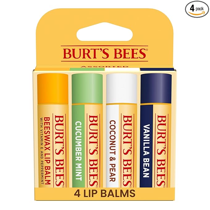 Burt's Bees 100% Natural Moisturizing Lip Balm, Multipack - Original Beeswax, Cucumber Mint, Coconut & Pear and Vanilla Bean with Beeswax & Fruit Extracts - 4 Tubes