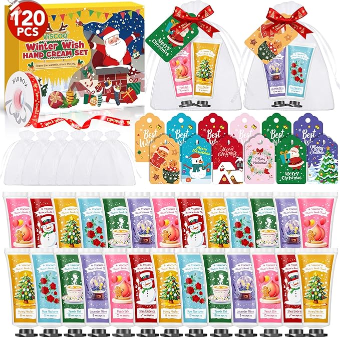 VISCOO 120 Sets Christmas Hand Cream Gift Set for Women, Hand Lotion In Bulk for Dry Cracked Hands Travel Size,Christmas Gifts with Cards and Organza Gift Bags, Stocking Stuffers for Women Teen Girls