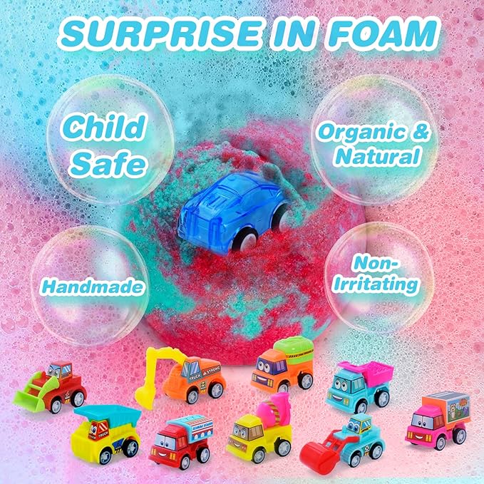 Bath Bombs for Kids with Surprise Toys Inside, 6 Pack Bath Bombs Gift Set with Pull-Back Vehicles Cars, Fun and Bright Colors Bubble Set, Car Bath Toys for Boys Girls Birthday, Easter Basket Stuffers
