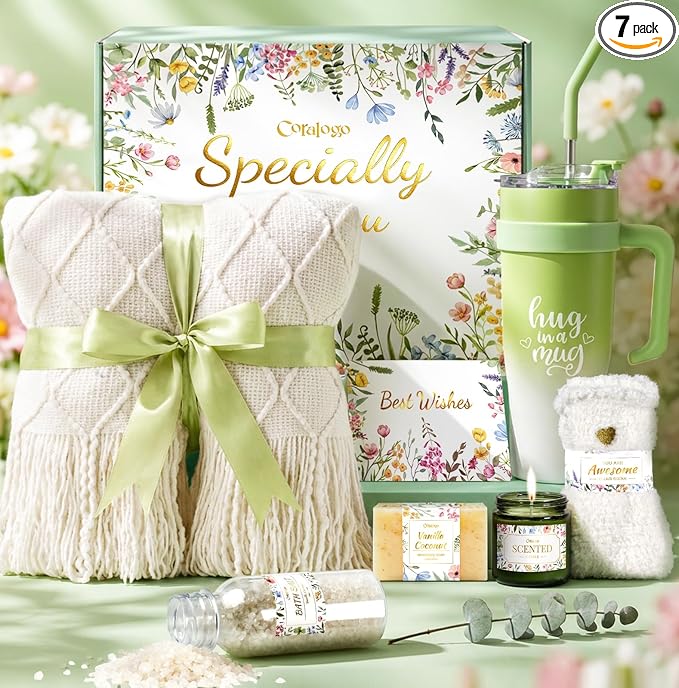Coralogo Mothers Day Gift Basket for Women - Unique Spa Self Care Gifts for Women with White Blanket, 40oz Tumbler, Spa Gift Baskets for Her Birthday, Get Well, Mothers Day, Thinking of You