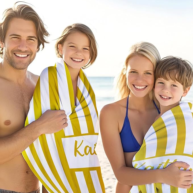 JML Personalized Beach Towel with Name, Custom Cabana Stripe Beach Towel, Customized Microfiber Pool Towel, Quick Dry & Absorbent Swim Towel for Adult,Anniversary, Birthday, Summer Holiday,Vacation