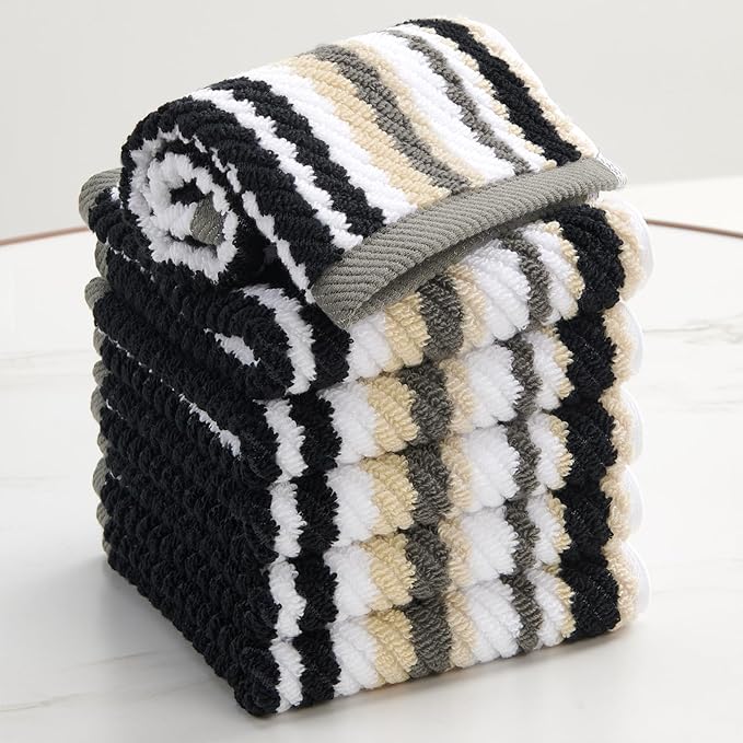 VOOVA & MOVAS 100% Cotton Ultra Soft Black Striped Washcloths (6 Pack, 13"x13") - Absorbent Quick Dry Lightweight Luxury Decorative Towels | Bathroom Set with Black + Gray Striped Design