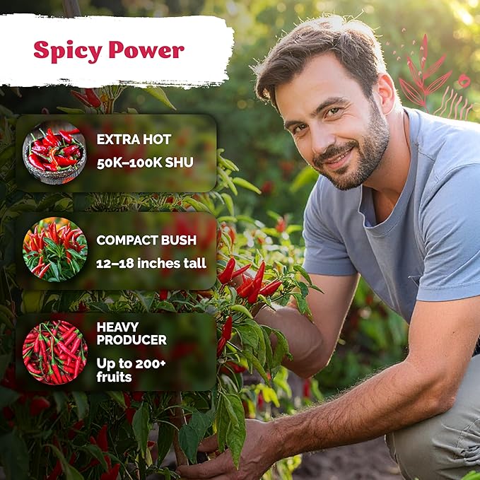 KVITER 75 Birds Eye Chili Pepper Seeds for Planting (Capsicum Annuum) — Thai Chili Red Pepper, Extra‑Hot 50K-100K SHU, High‑Yield Bush — Heirloom & Organic Vegetable Seeds for Outdoor & Indoor Garden