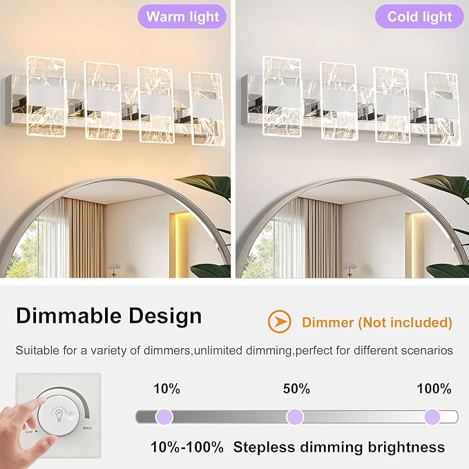 Modern LED Bathroom Light Fixtures Dimmable 4-Light Chrome Vanity Light, 5CCT Adjustable Lighting Fixture Vanity Lights Over Mirror, Smoked Acrylic LED Vanity Lights for Bathroom
